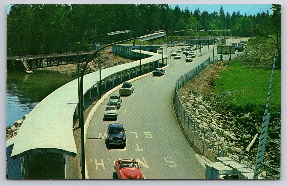 Vintage BC Ferries Swartz Bay Terminal Postcard 1960s Classic Cars