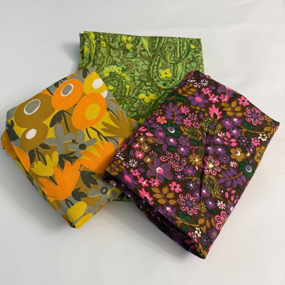 Vintage 60s 70s Fabric Mod Psychedelic Floral Paisley Cotton Blend Bundle