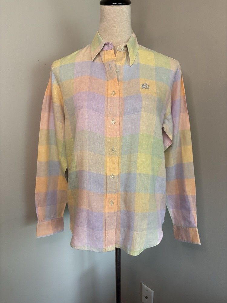 VTG Ralph Lauren 100% Linen 90’s Blouse Pastel Plaid Button Up Petite Medium PM