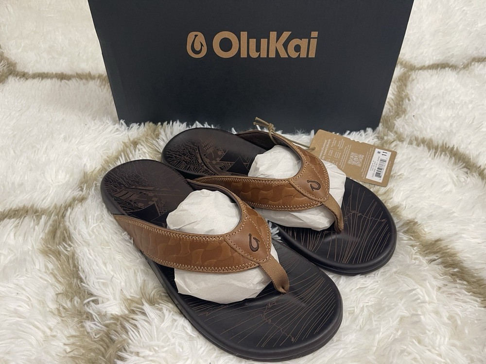 Olukai Men's Hikianalia Flip Flops Size 11 Tan Dark Java Beach Sandals