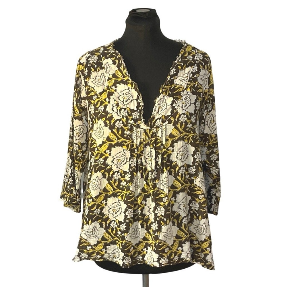 Natural Life Womens XL Boho Floral Blouse Brown Yellow Cotton Peasant Top Flowy
