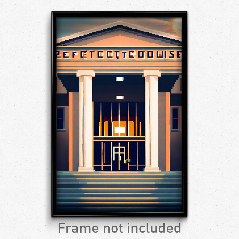 8-Bit Pixel Art Courthouse Poster - Psychedelic Retro Game Print