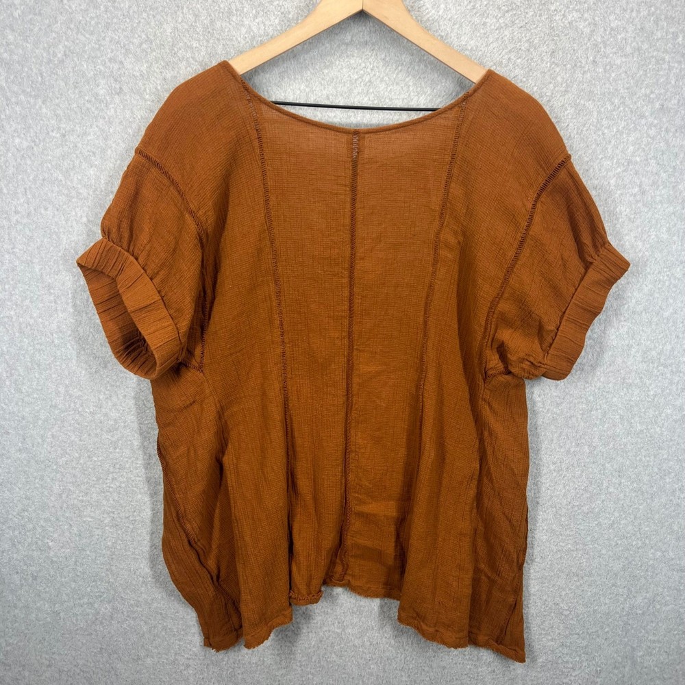 Free People Top Women M Rust Cotton Gauze Tassel Tie Back Short Sleeve EUC