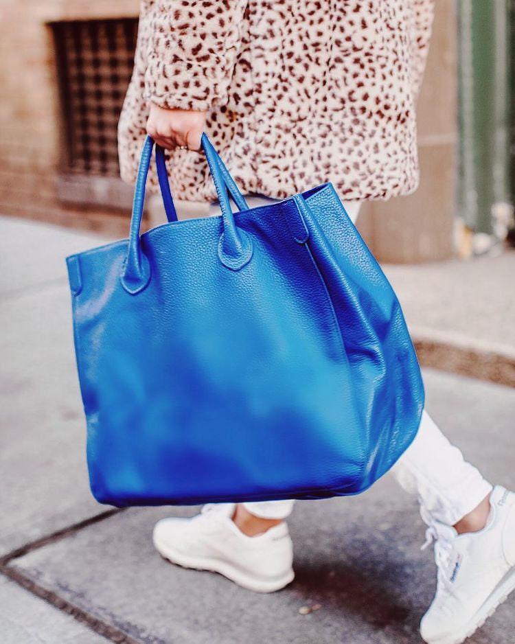 Oversize Large Leather Tote Bag, Cowhide Leather Bag, Lady Fashion Bag Blue, Per
