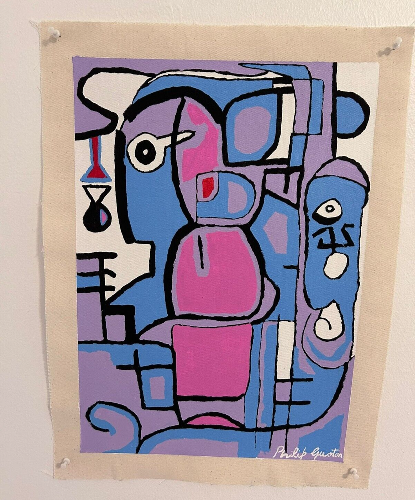 Abstract Handmade Acrylic Canvas Signed by Philip Guston Modern Art Piece-image