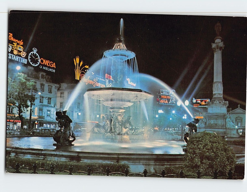 Postcard Fountain at night Rossio Lisbon Portugal