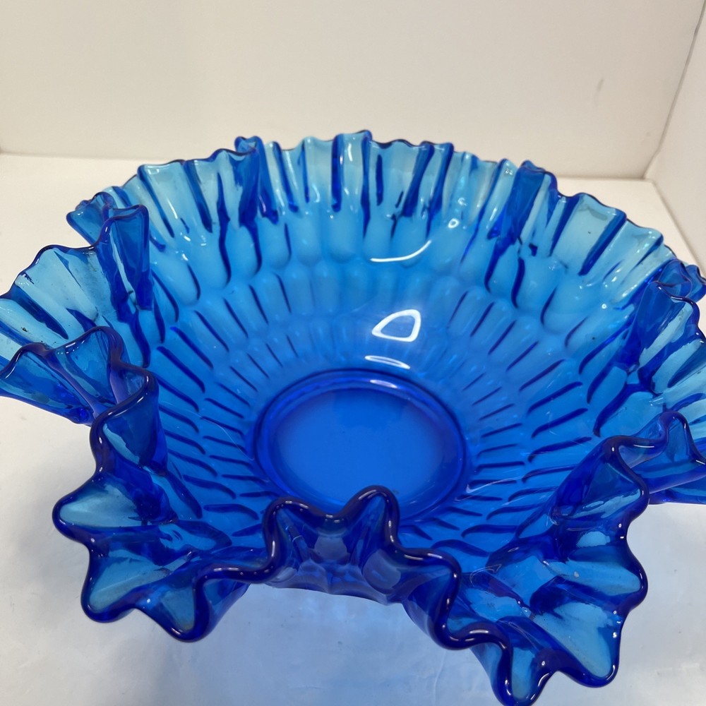 Vintage Fenton Glass Colonial Blue Thumbprint Bowl Crimped Ruffled Edge 12”