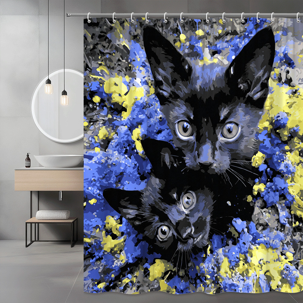 Black Cat Shower Curtain Blue Yellow Floral Art