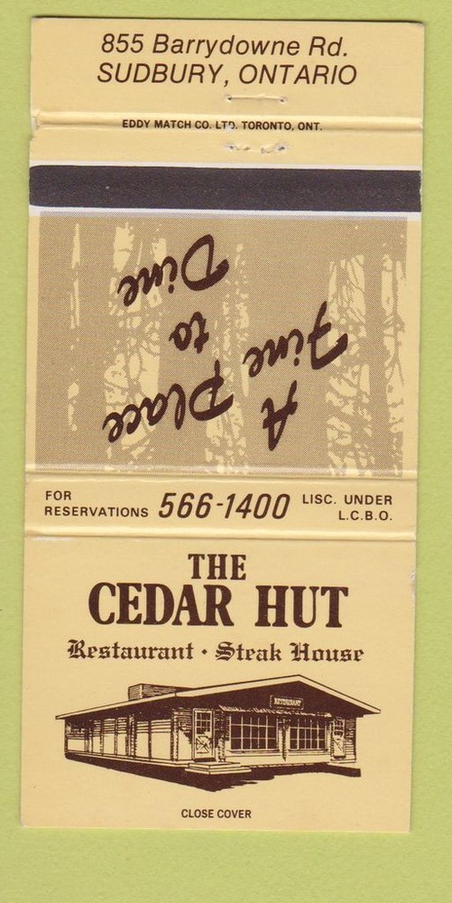 Matchbook Cover - The Cedar Hut Restaurant Steak Sudbury ON WEAR 30 Strike