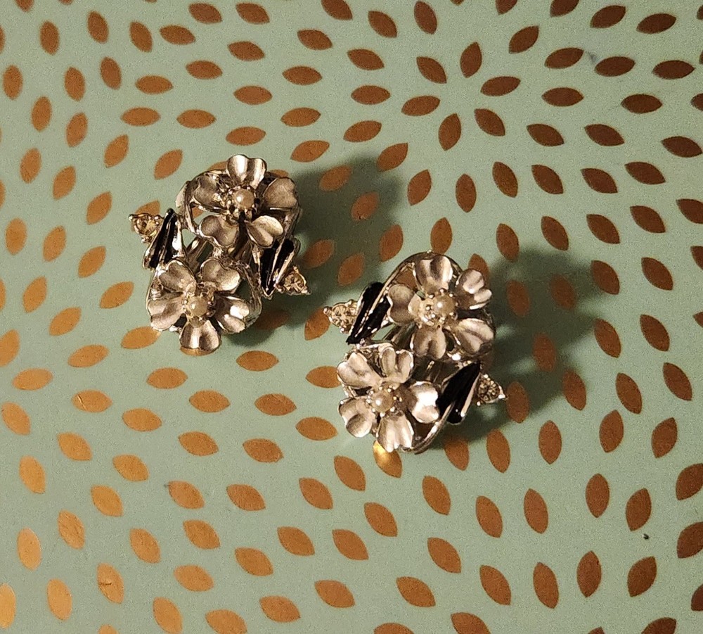 VTG Judy Lee Floral Clipon Earrings Silver-tone Faux Pearls Rhinestones Pearl...