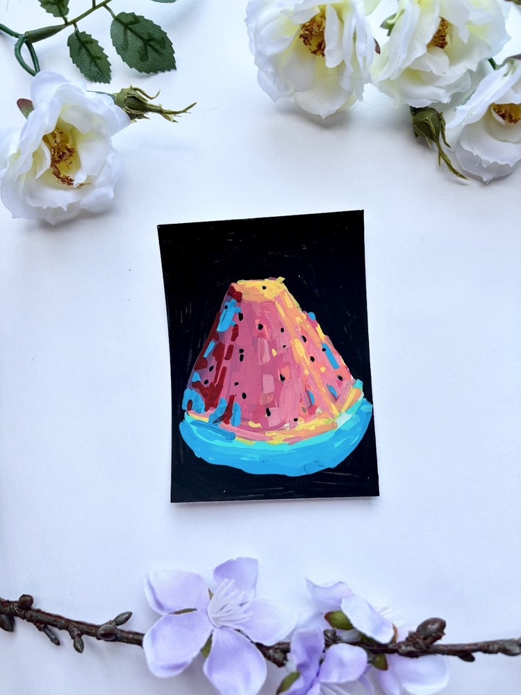 ACEO Original ATC - Watermelon Fruit Mini Still Life - By Lennox Studio Art