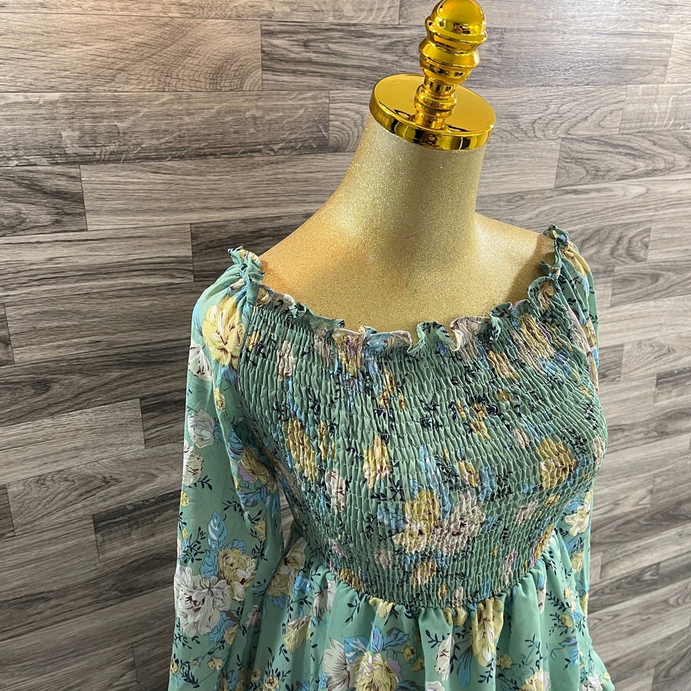 SHEIN Off the Shoulder Layered Green Floral Smocked Maxi Dress Women's Size M