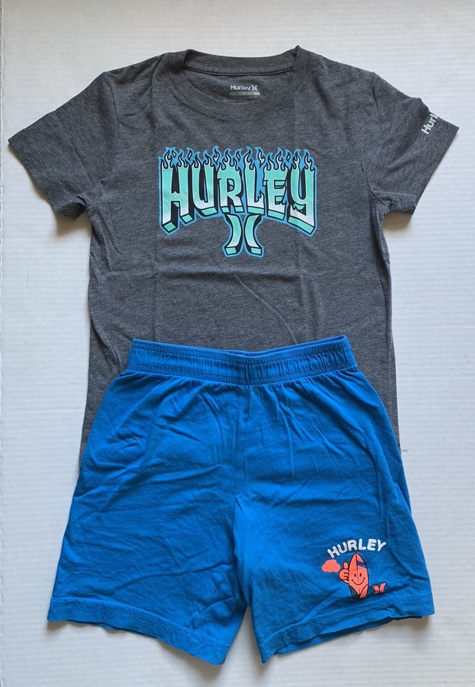 Lot of 2 Hurley Boys Sz 6-7 Gray Short Sleeve Graphic Shirt and Blue Short Set