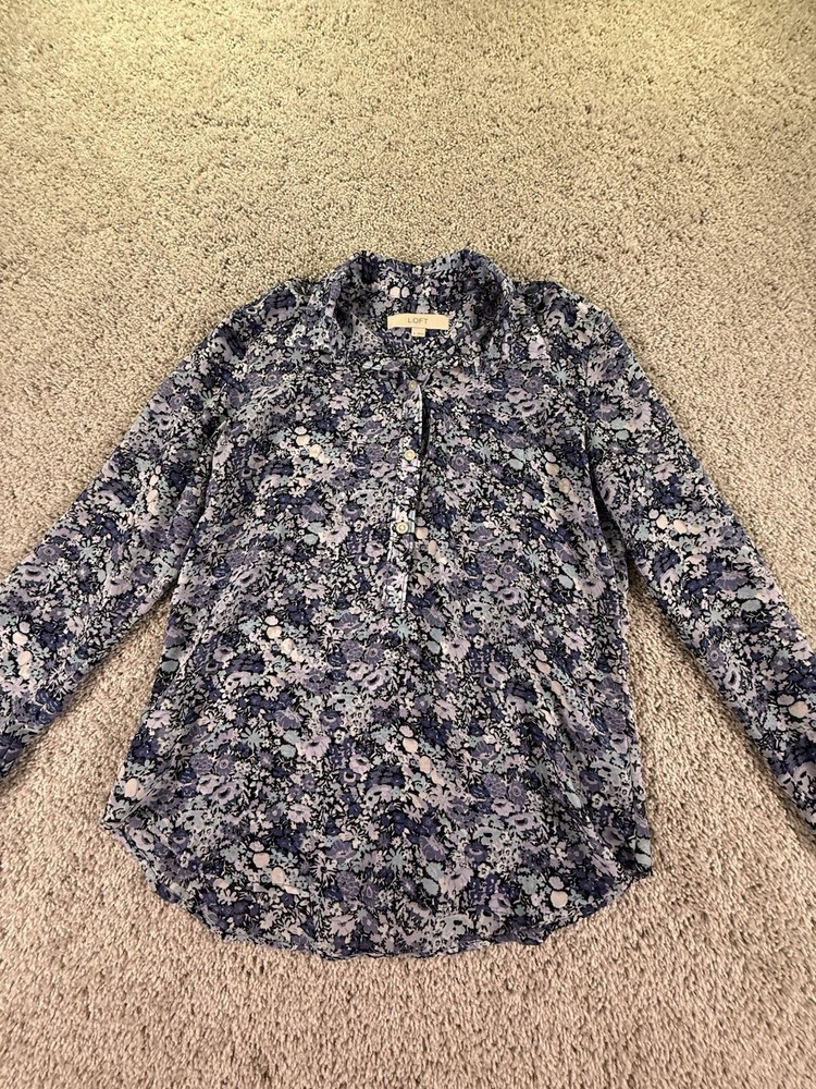 The Loft Women’s Blue Floral Blouse Sheer Size Small Long Sleeve
