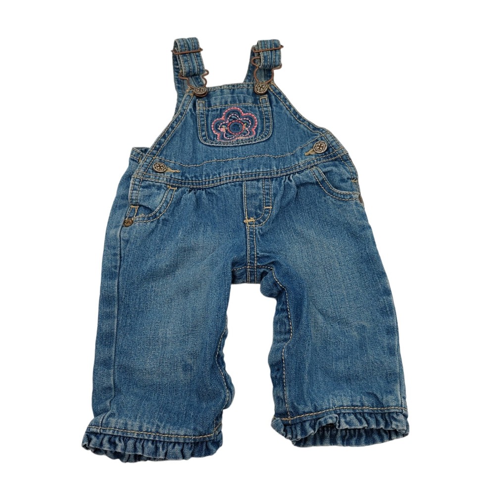 OshKosh B'gosh Girls Floral Embroidery Vestbak Denim Ruffled Overalls Size 3M