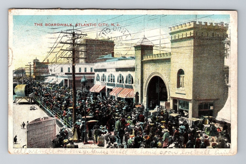 Atlantic City NJ-New Jersey, Crowd On Boardwalk, c1907 Vintage Souvenir Postcard