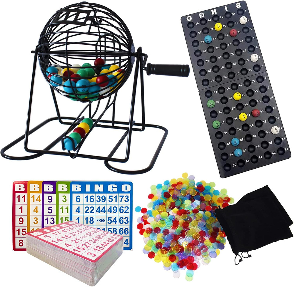 Deluxe Bingo Game Set - Metal round Cage, 75 Colored Bingo Balls, 100 Bingo Card