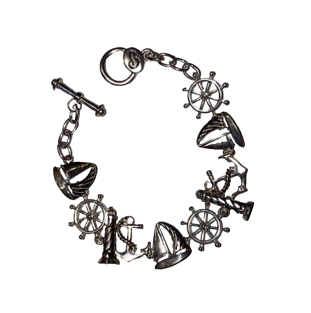 PERIWINKLE by BARLOW Silver Sailboat Nautical Anchor Charm Bracelet NEW