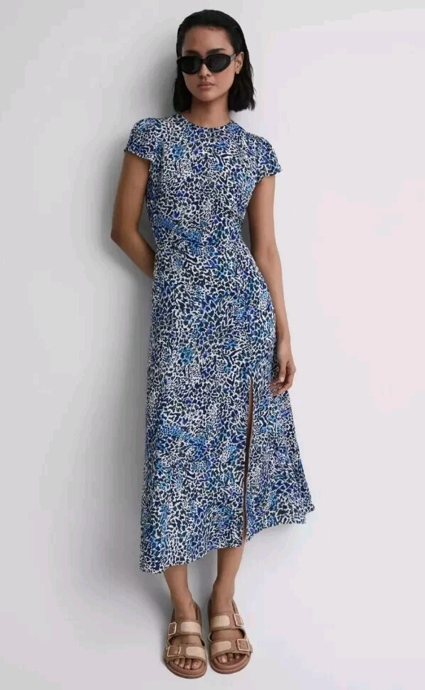 REISS  Livia Cut Out Back Midi Dress Blue Multicolour UK Size 16 Petite
