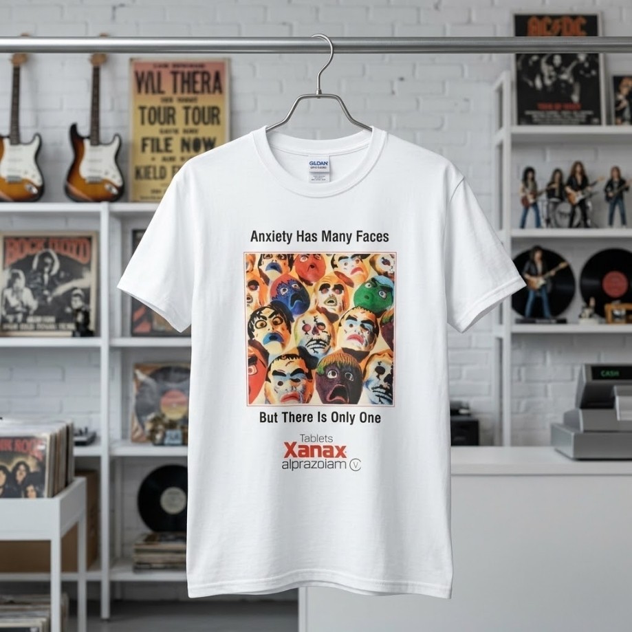 Anxiety Has Many Faces Xanax Shirt Funny Vintage Ad White Tee