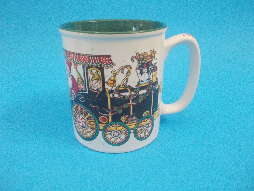MARY ENGELBREIT Santa & Elves on a Train CHRISTMAS Coffee Tea Mug Cup