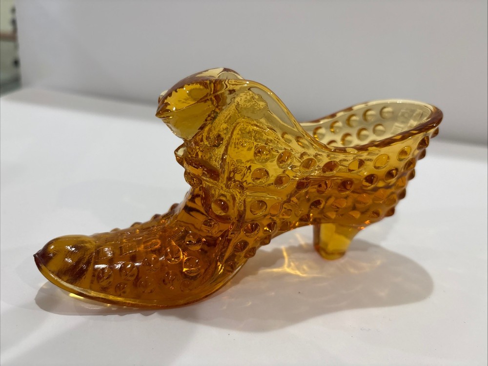Vintage Fenton Hobnail Art Glass Shoe/Slipper Amber with Cat Head