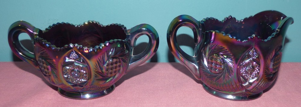 L.E. Smith Amethyst Carnival Glass Creamer and Sugar Bowl Set - Sunburst Pattern