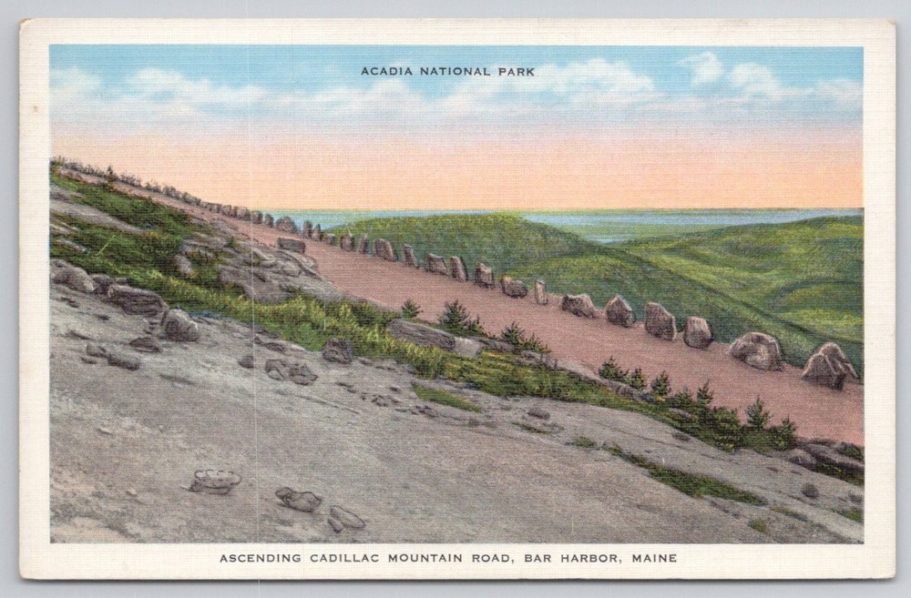 Acadia National Park Cadillac Mountain Road Bar Harbor Maine Linen Postcard-image