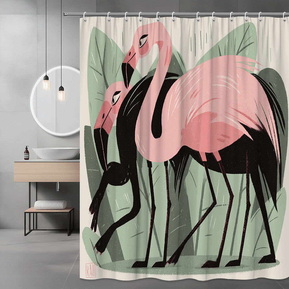 Flamingo Shower Curtain Pink Black Tropical Leaf Print