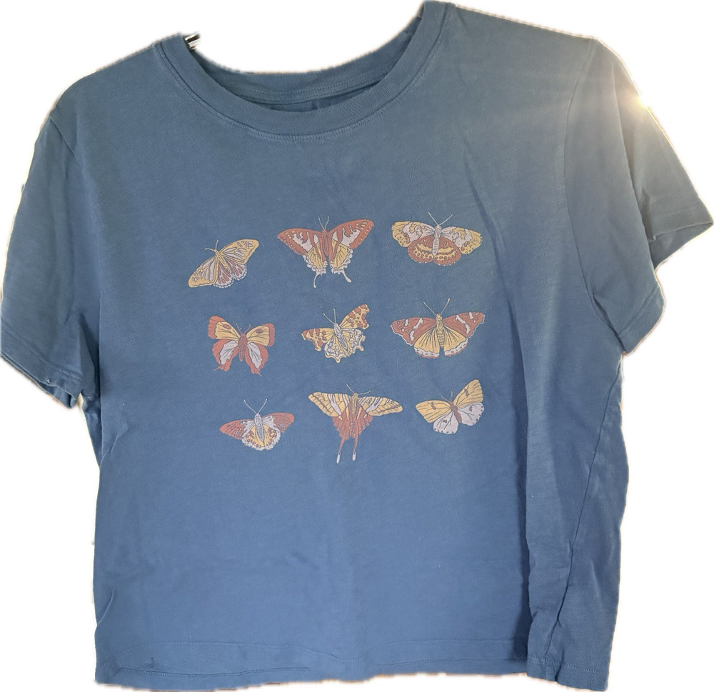 American Eagle Outfitters Blue Butterfly Print Crew Neck Cotton T-Shirt Women M