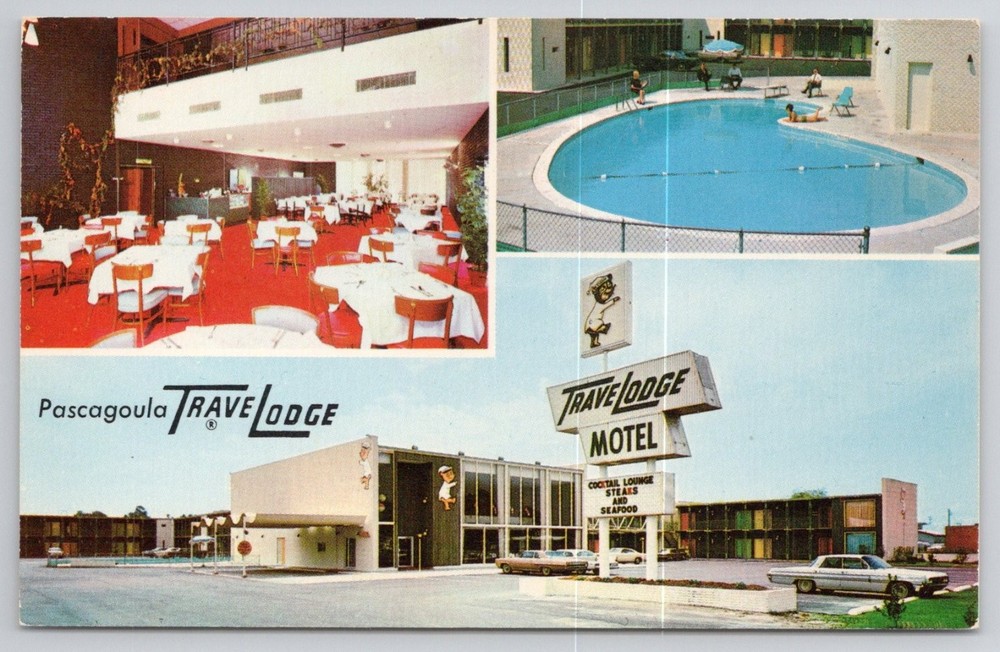 Pascagoula MS Travelodge Motel Swimming Pool Dining Room Vintage Postcard