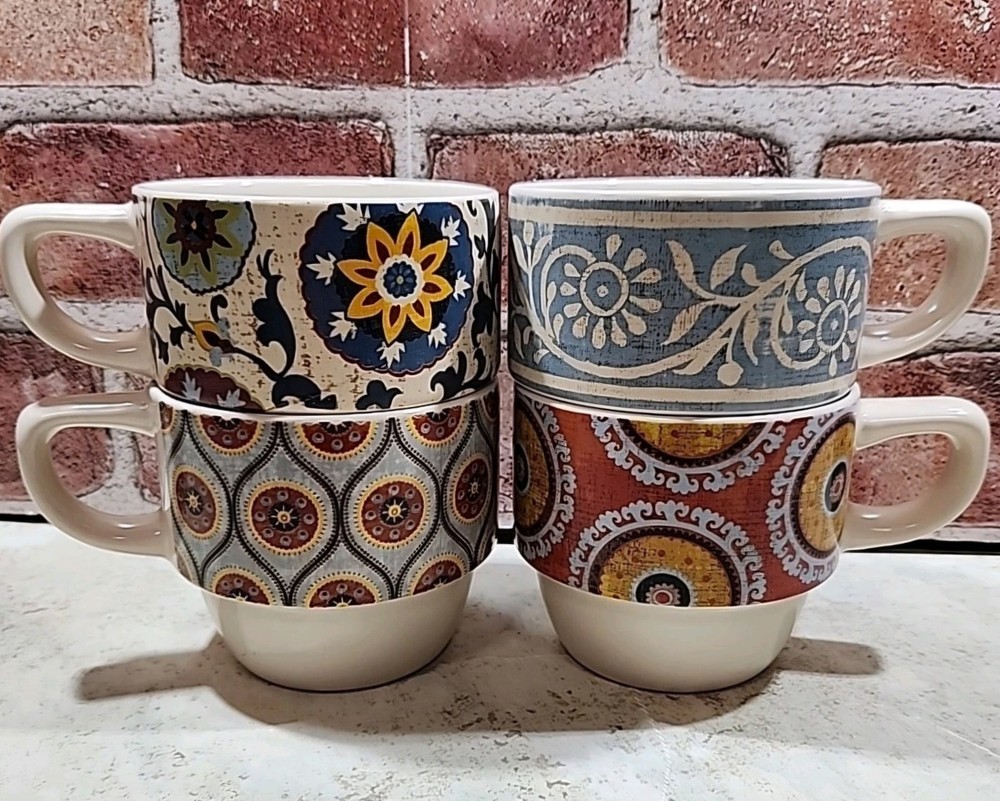 Pier 1 Stackable Moroccan Boho Paisley Stacked Coffee Tea Mug Set Of 4