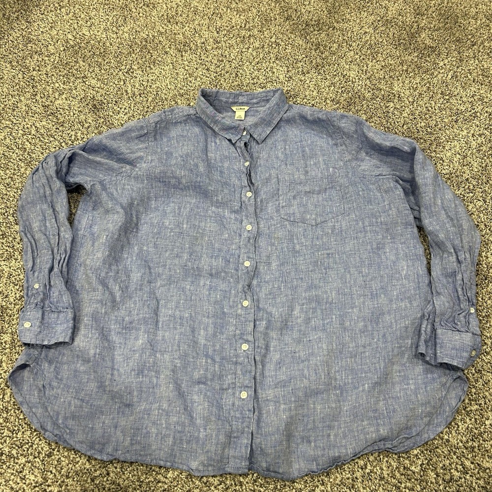 L.L. Bean Womens Linen Button Up Casual Blue Long Sleeve Shirt Top Size 2X