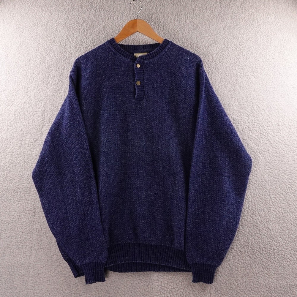 Vintage LL Bean Mens XL Long Navy Blue Knit Textured Henley Sweater Made USA