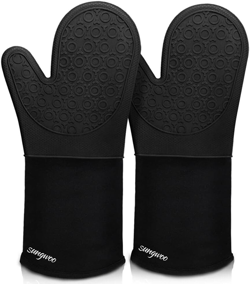 Extra Long Heat Resistant Silicone Oven Mitts with Quilted Non-Slip Liner