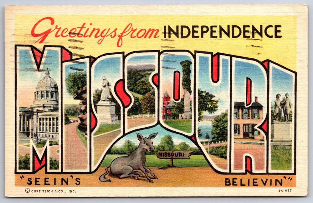 Greetings From Independence Missouri~PM 1940~Vintage Large Letter Linen Postcard