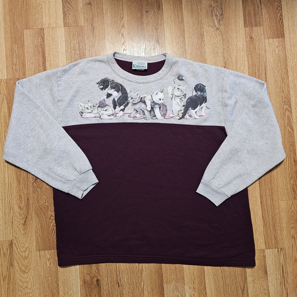 VINTAGE Kittens Long Sleeve T Shirt Kittens Cats Gray Purple Vintage Y2K