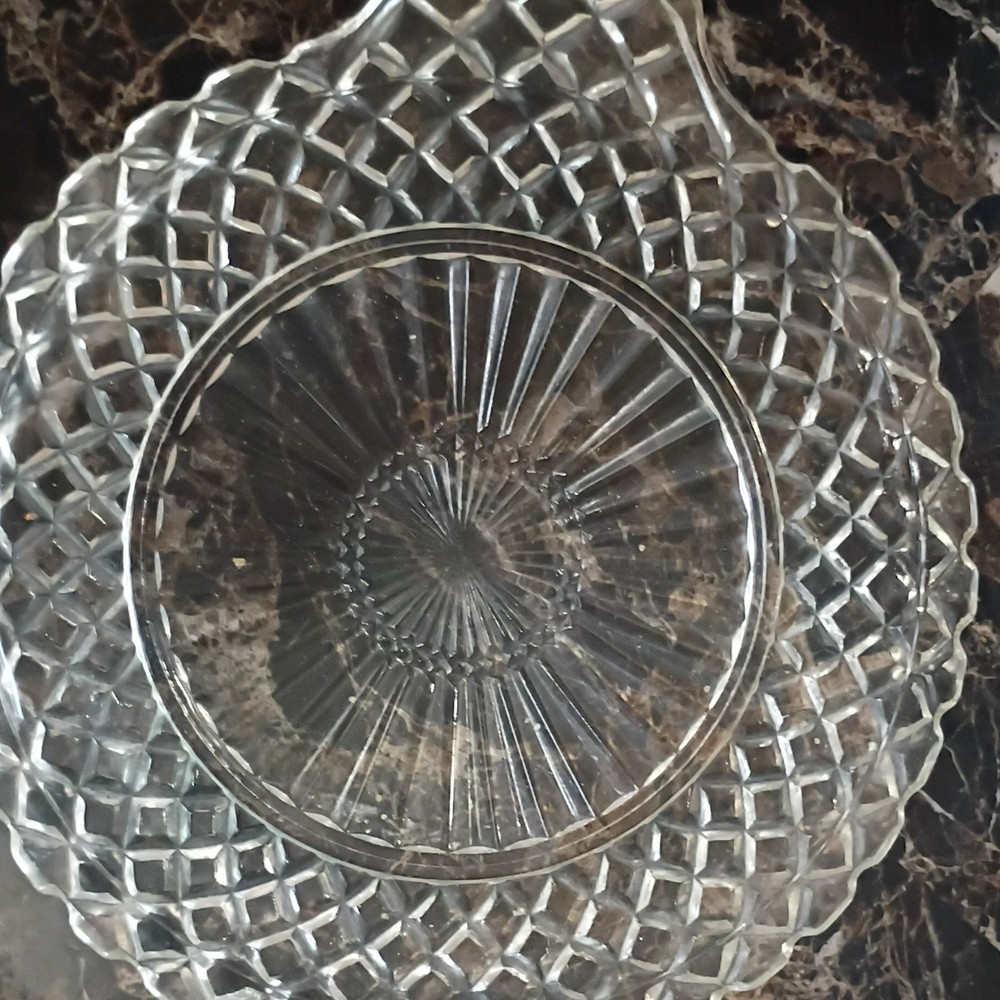 Clear Pressed Glass Round Plate with Diamond Pattern Rim, Clear Glass