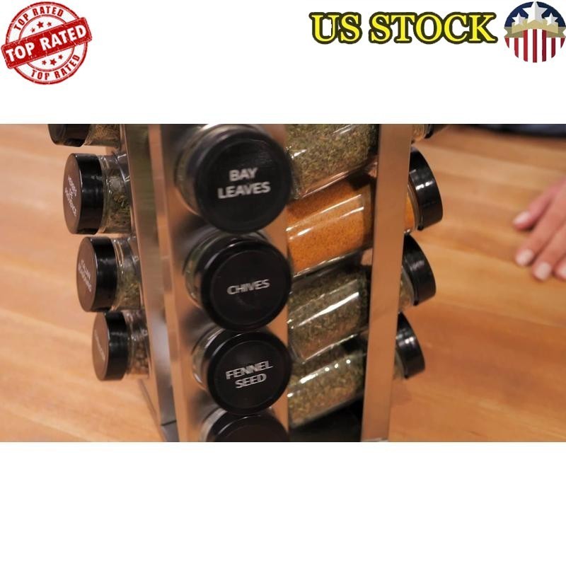 16 Jar Chrome Wire Revolve Filled Spice Rack 11in Stackable Removable Sifter Cap