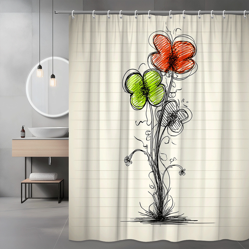 Abstract Floral Shower Curtain Orange Green Sketch Art