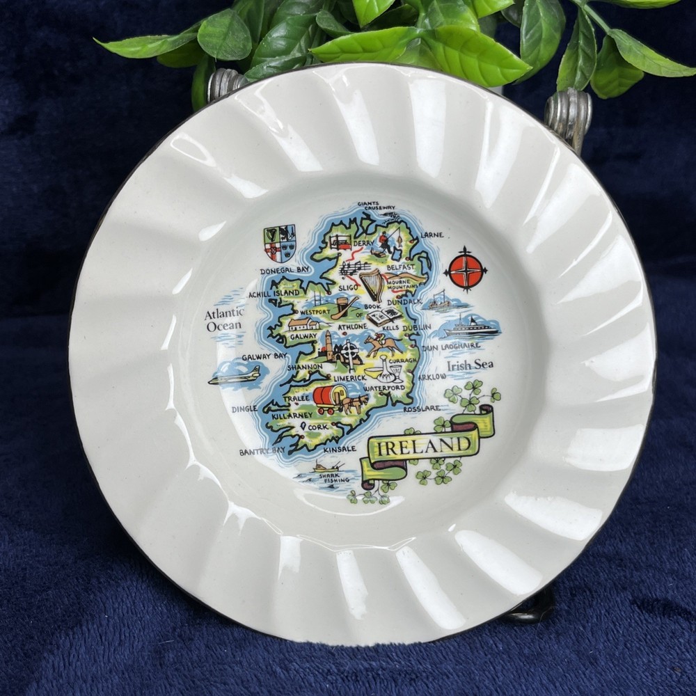 Carrigaline Pottery Ireland Map Plate Fluted Rim W/ Gold Souvenir VTG