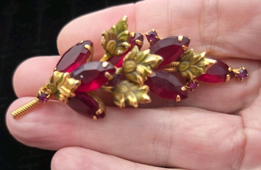 Vintage Red Rhinestone Brooch Pin W Green Enamel Leaves Gold Tone Beautiful