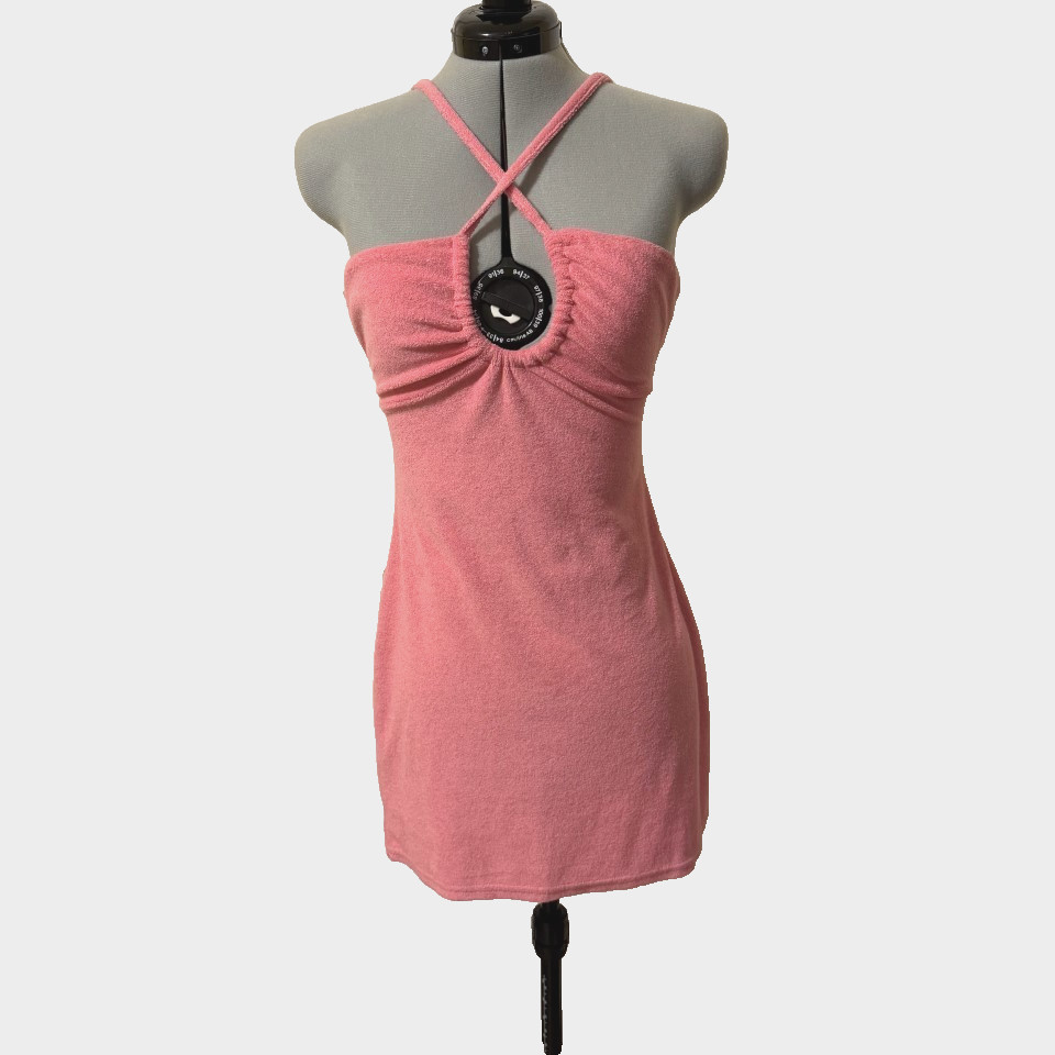 Amor Y Besos Y2K Pink Terry Cloth Halter Mini Dress Small Bodycon Keyhole