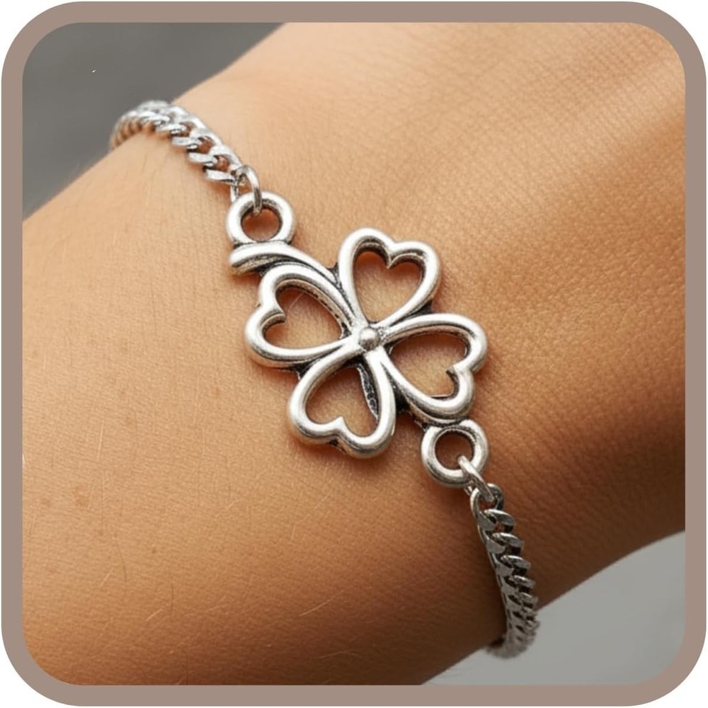 Stainless Steel Four Leaf Clover Handmade Adjustable Shamrock Charm Bracelet