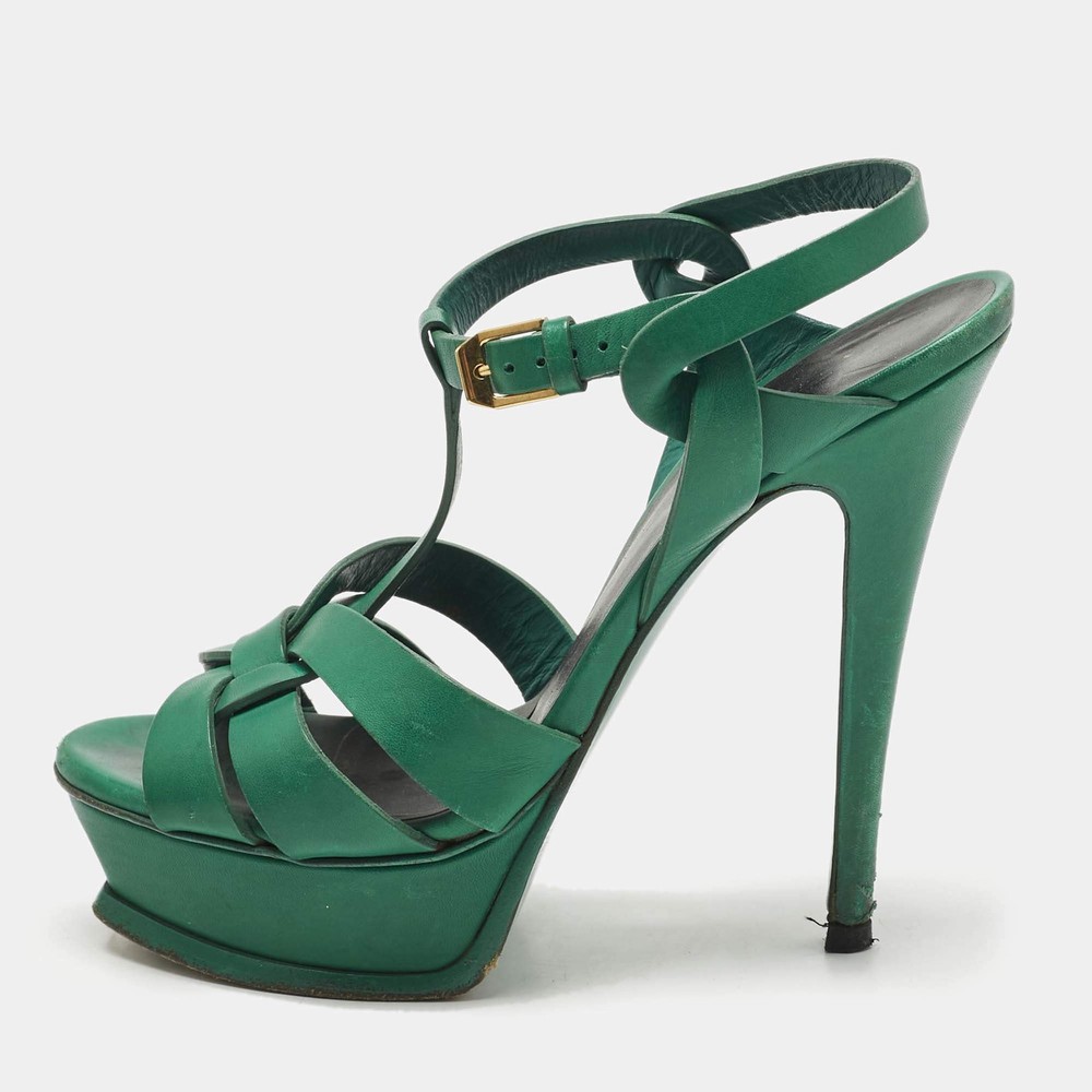 Saint Laurent Paris Tribute Size 36.5 Green Leather Platform Sandals