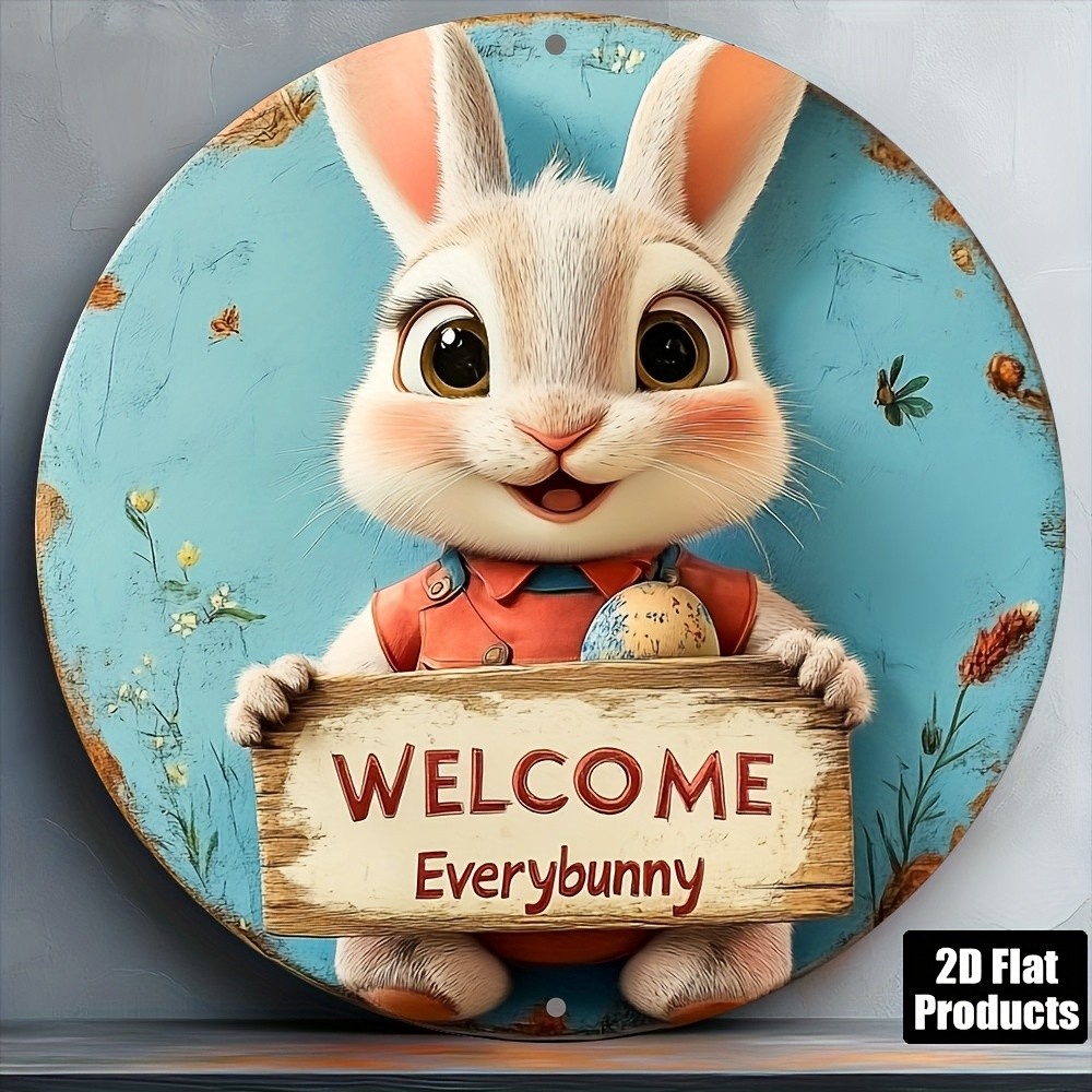 Welcome Rabbit Easter Egg Round Aluminum Metal Sign