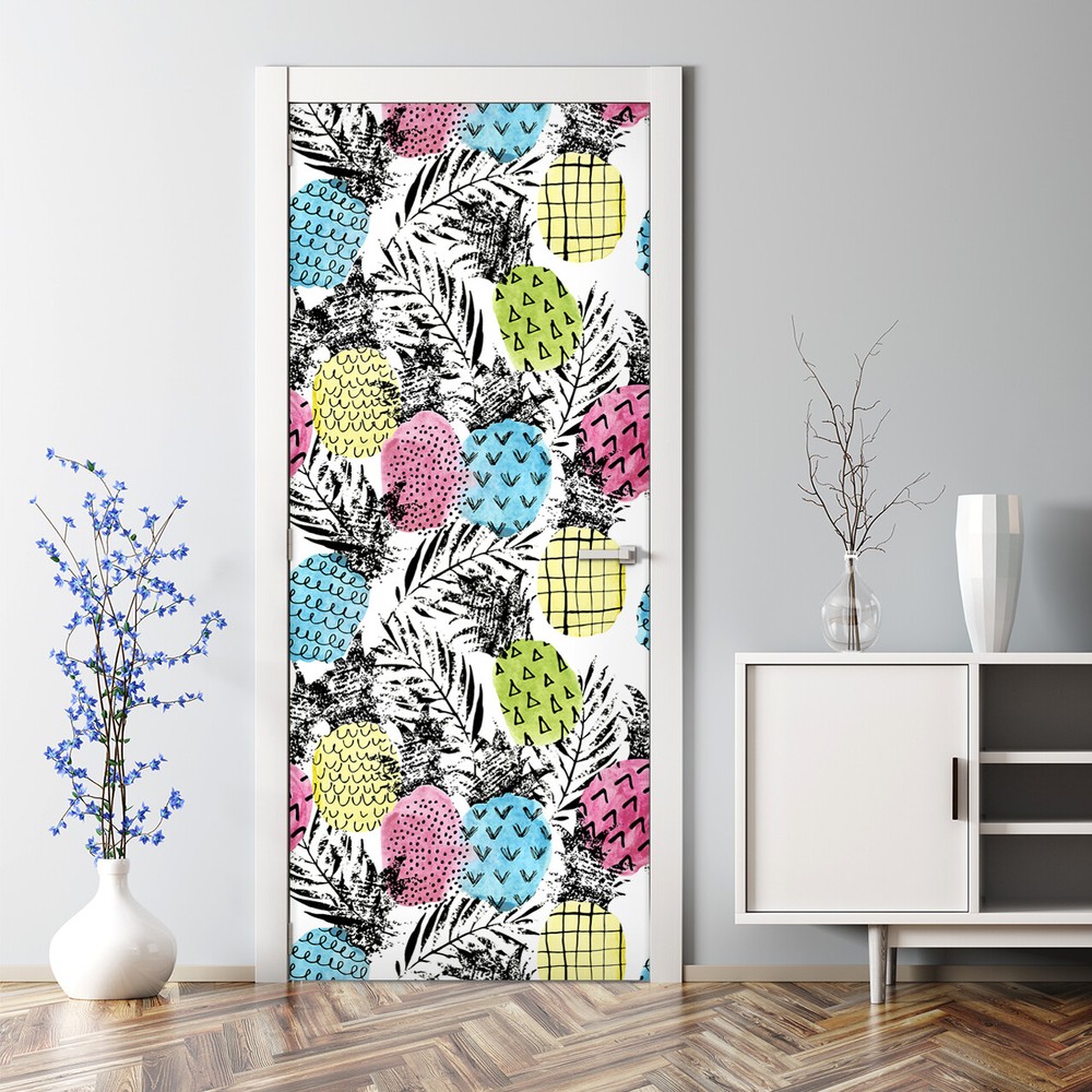 Colorful pineapple grunge self-adhesive blue pink door decal wall art sticker