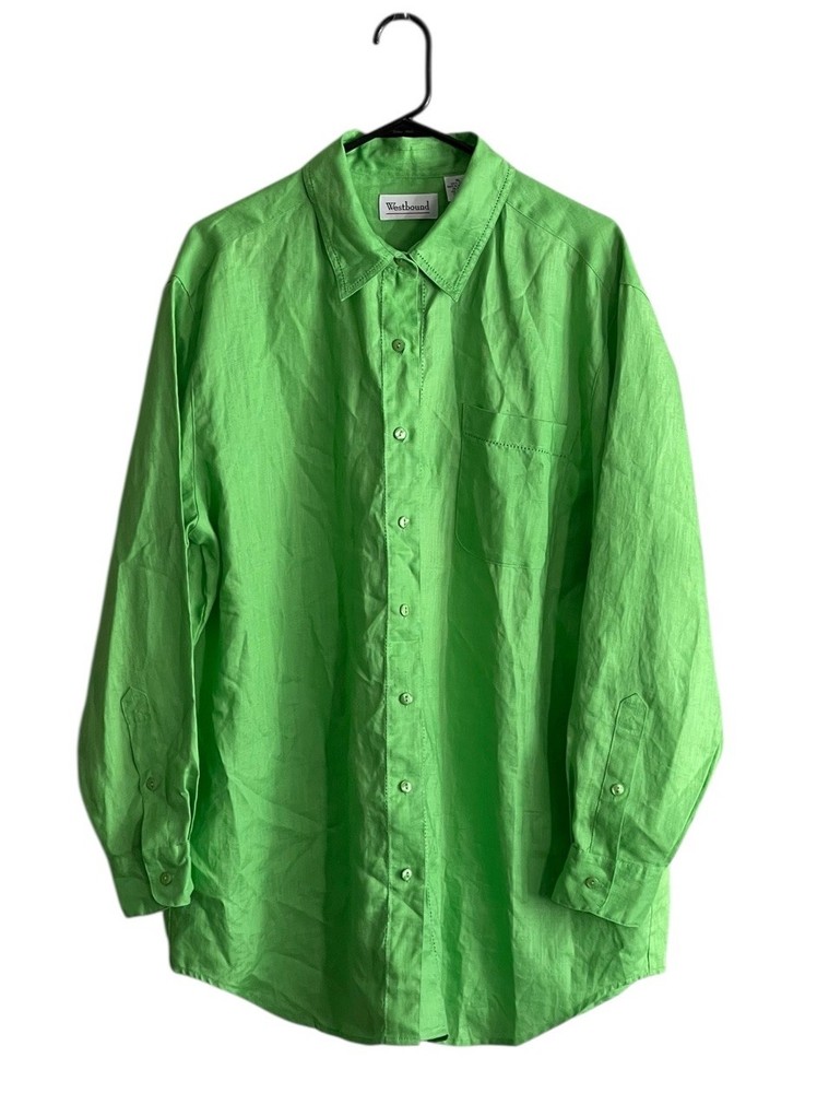 Westbound Womens Button Down Shirt XL 100% Linen Lime Green Long sleeve Career