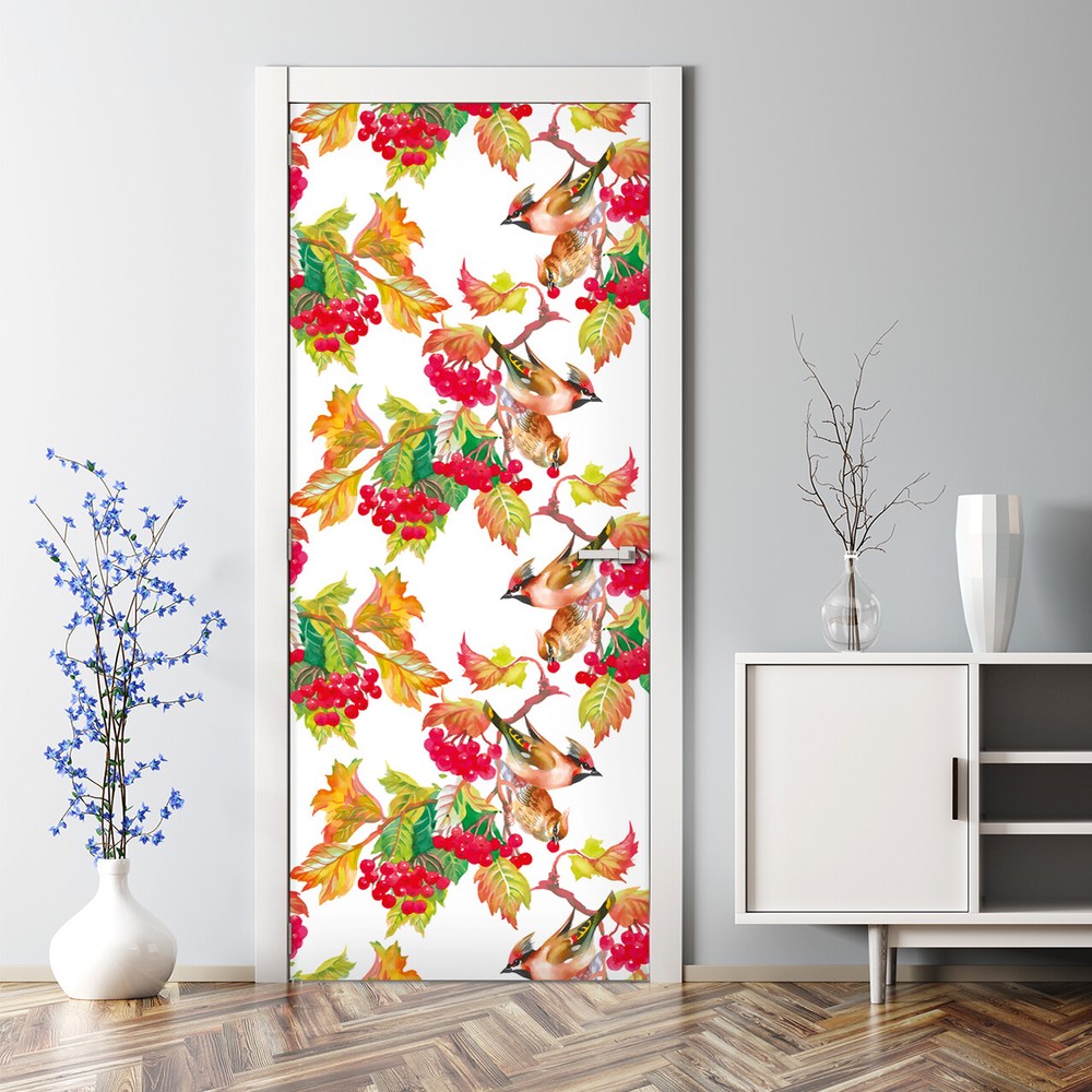 Autumn fall birds on branch Bubble Free Home Door Decal red mural Self Adhesive
