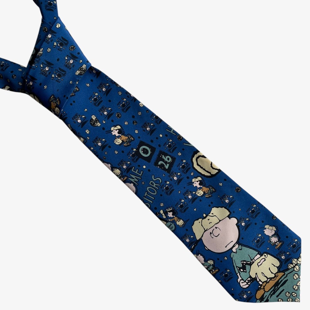 Vintage 90s United Feature Syndicate Peanuts Snoopy Baseball Print Blue Tie